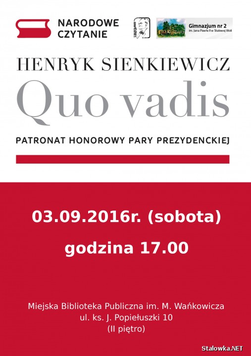 3 września o godzinie 17.00 w Miejskiej Bibliotece Publicznej im. Melchiora Wańkowicza w Stalowej Woli odbędzie się Narodowe Czytanie.