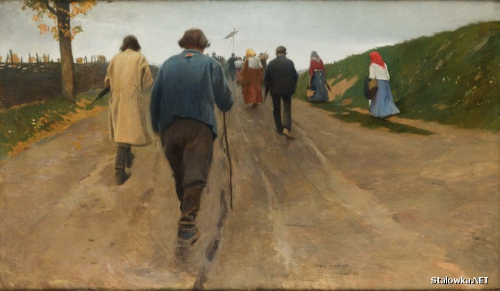 Pielgrzymi - obraz z krakowskiego okresu twórczości Alfonsa Karpińskiego przedstawia grupę ludzi idących na Kalwarię.