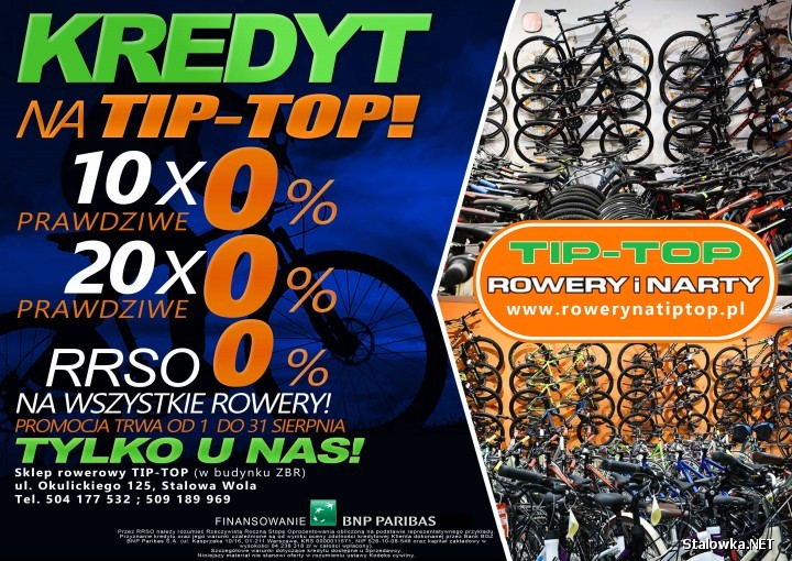 Sklep rowerowy TIP-TOP przygotował dla Klientów wyjątkową promocje - raty prawdziwe 10X0% i 20X0% RRSO 0% na wszystkie rowery.