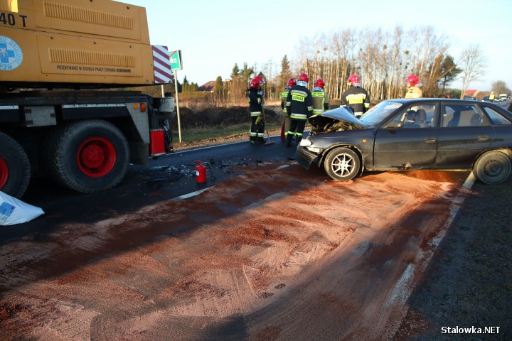 Do zderzenia dźwigu z samochodem osobowym pomiędzy miejscowościami Agatówka a Turbia. 