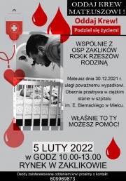 5 lutego na Rynku w Zaklikowie będzie można oddać krew dla Mateusza, który uległ poważnemu wypadkowi drogowemu.