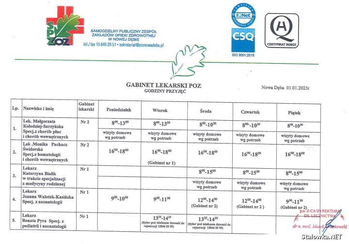 Oficjalny grafik z 1 stycznia 2025 roku w przychodni z gabinetów lekarskich Podstawowej Opieki Zdrowotnej w Nowej Dębie. 