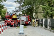 Wysokościowa drabina i podnośnik straży pożarnej zadysponowane do pękniętego jesionu w Rozwadowie.