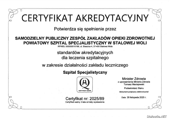 SPZZOZ Powiatowy Szpital Specjalistyczny w Stalowej Woli pozytywnie przeszedł recertyfikację.