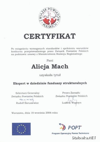 Certyfikat dla Eksperta w dziedzinie funduszy strukturalnych.