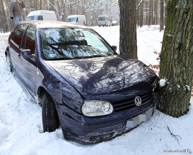 Pojazd zjechał z drogi i uderzył w drzewo.